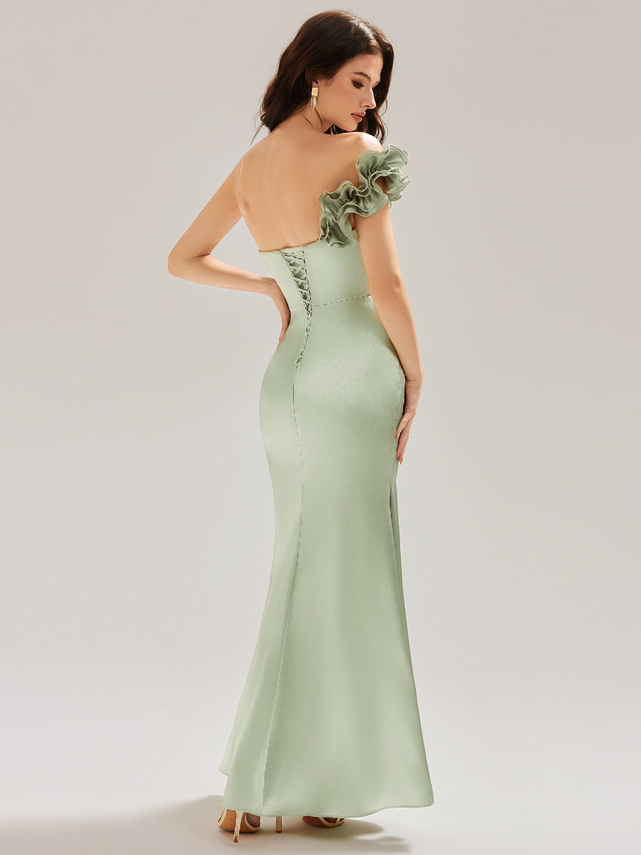 Robe de soirée sirène sans bretelles à volants #Couleur_Menthe Verte