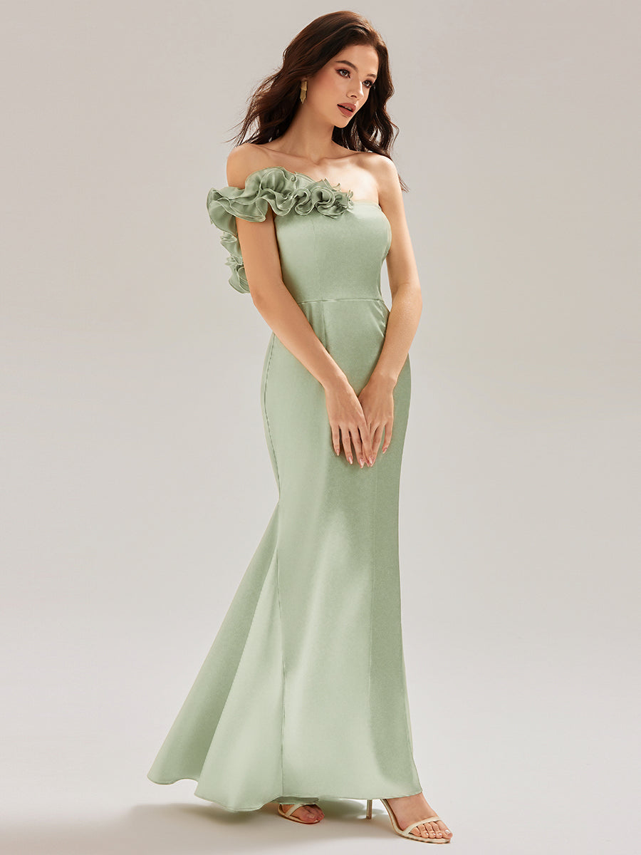 Robe de soirée sirène sans bretelles à volants #Couleur_Menthe Verte