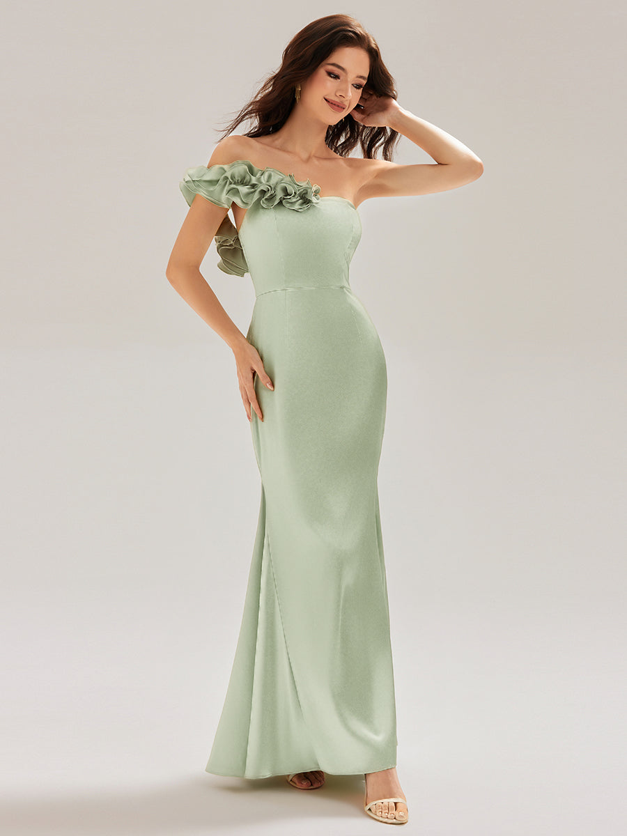 Robe de soirée sirène sans bretelles à volants #Couleur_Menthe Verte