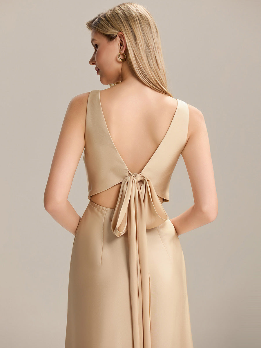 Robe longue dos nu à manches courtes en V #Couleur_Charbon