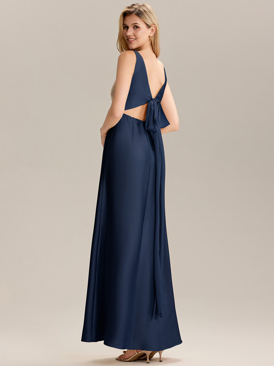 Robe longue dos nu à manches courtes en V #Couleur_Bleu Marine