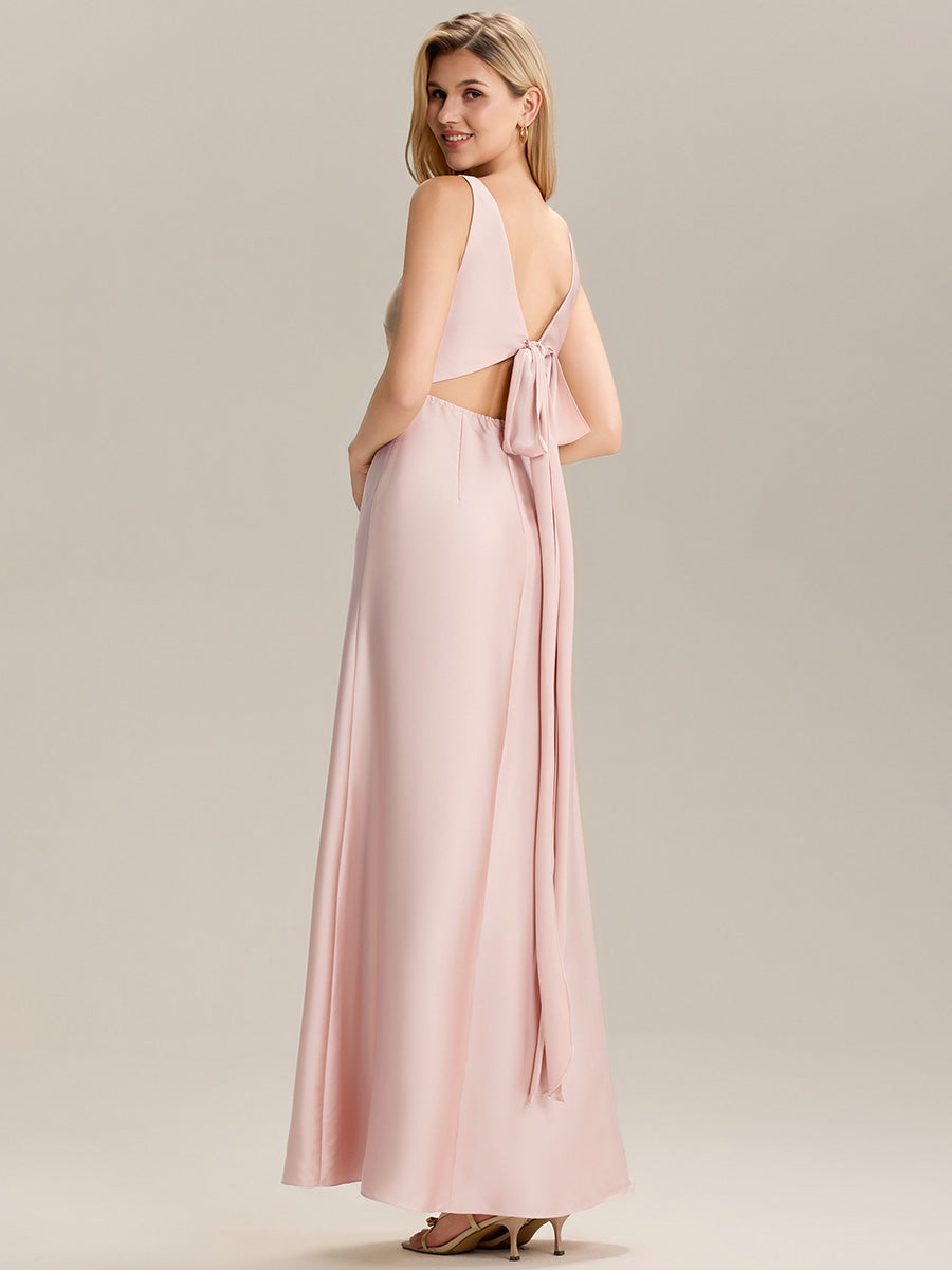 Robe longue dos nu à manches courtes en V #Couleur_Rose