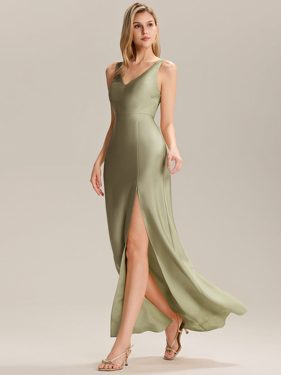 Robe longue dos nu à manches courtes en V #Couleur_Vert sauge