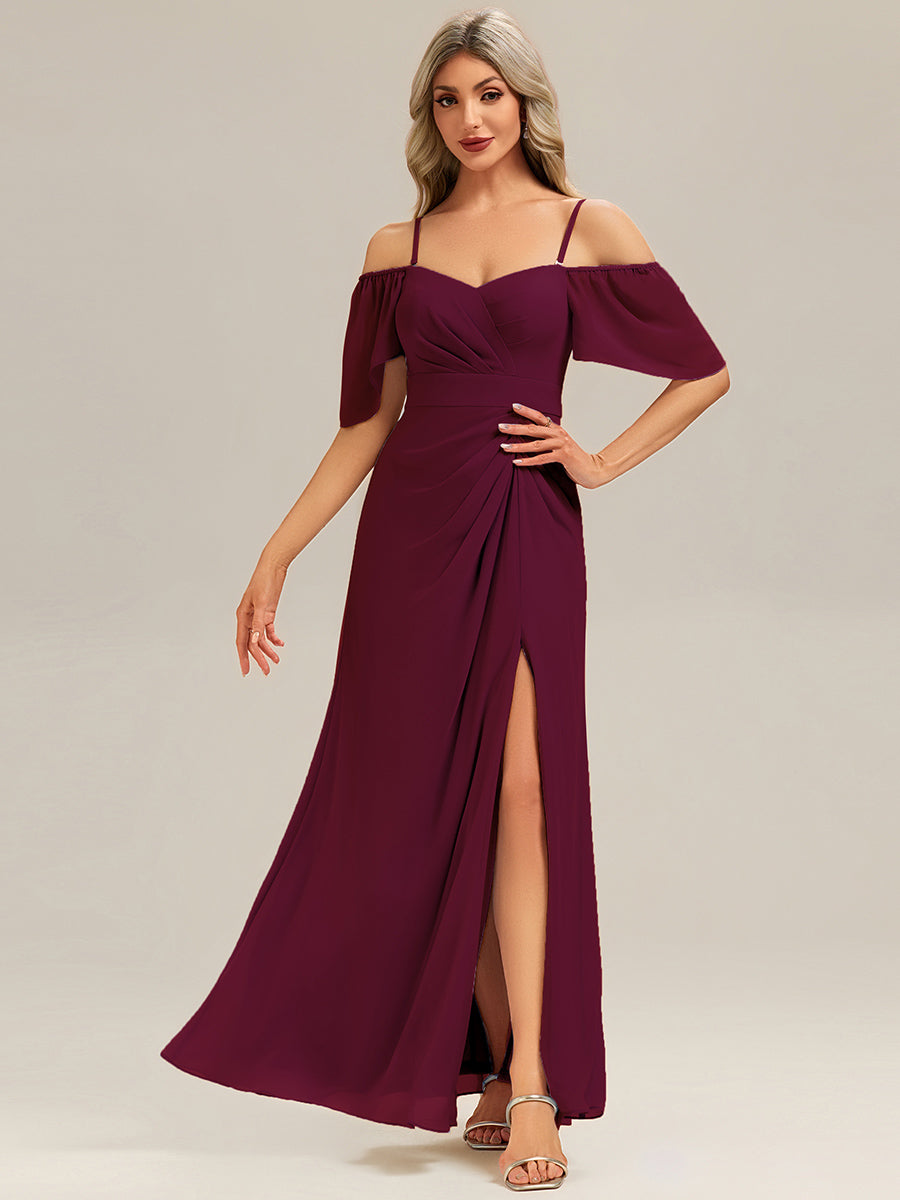 Robe longue à manches courtes en V avec volants et fente haute sur la cuisse et ourlet asymétrique Robes de demoiselle d'honneur #Couleur_Bordeaux