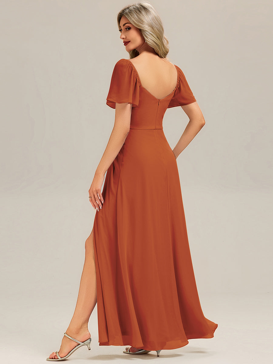 Robe longue à manches courtes en V avec volants et fente haute sur la cuisse et ourlet asymétrique Robes de demoiselle d'honneur #Couleur_Burnt Orange