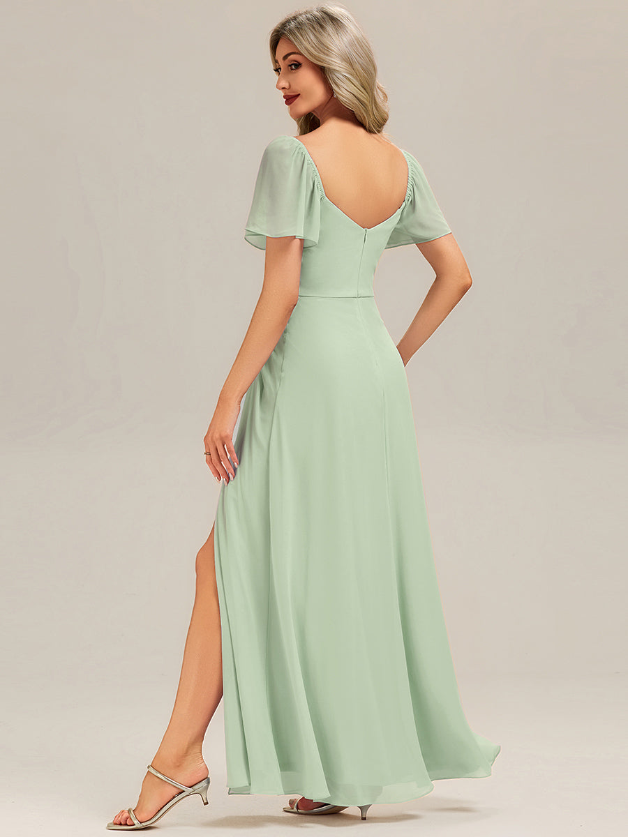 Robe longue à manches courtes en V avec volants et fente haute sur la cuisse et ourlet asymétrique Robes de demoiselle d'honneur #Couleur_Menthe Verte