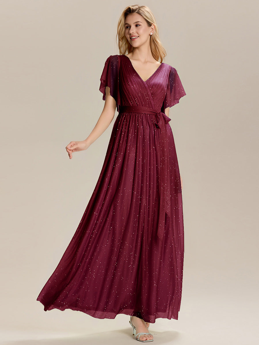 Robe longue à manches courtes décolleté en V volants #Couleur_Bordeaux