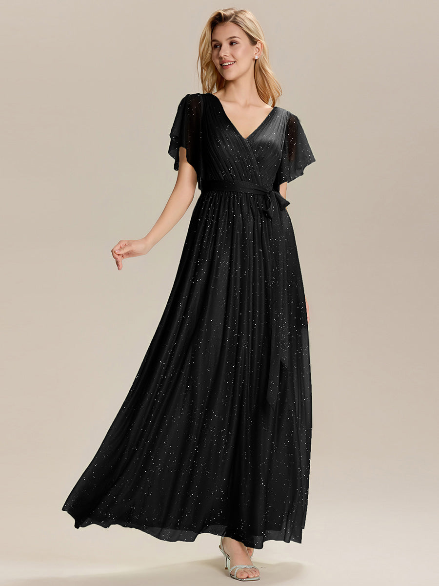 Robe longue à manches courtes décolleté en V volants #Couleur_Noir