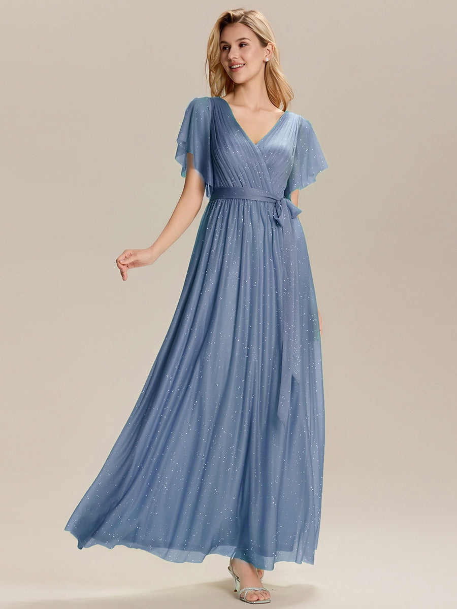 Robe longue à manches courtes décolleté en V volants #Couleur_Marine Fume