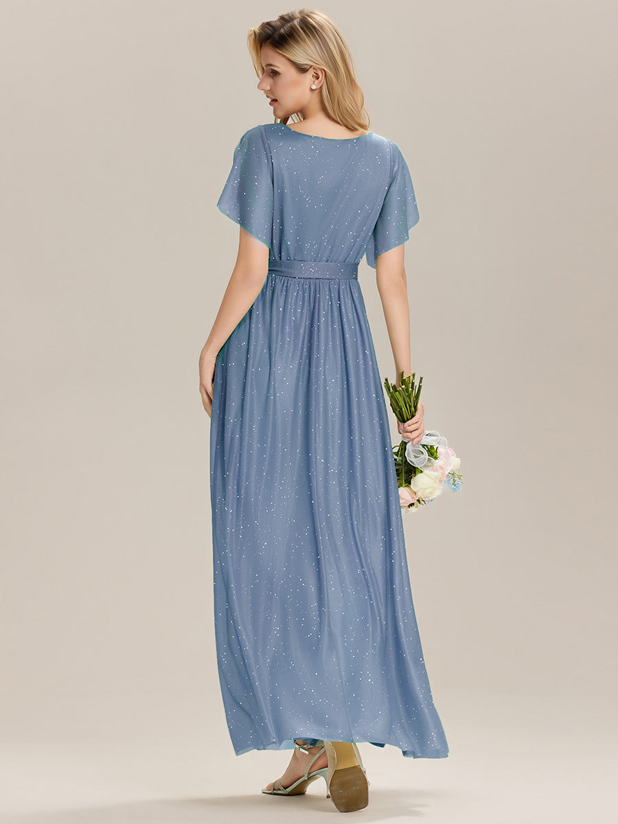 Robe longue à manches courtes décolleté en V volants #Couleur_Marine Fume