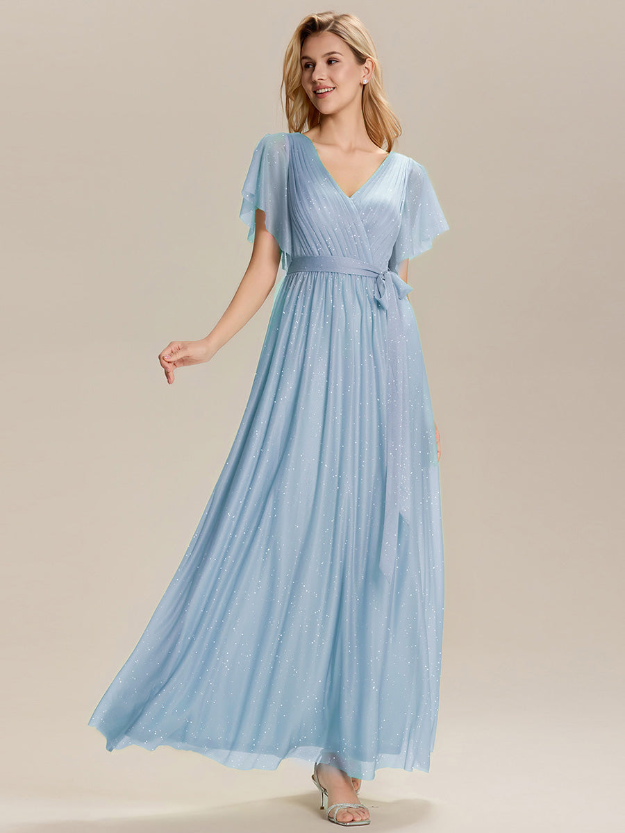 Robe longue à manches courtes décolleté en V volants #Couleur_Bleu Glace