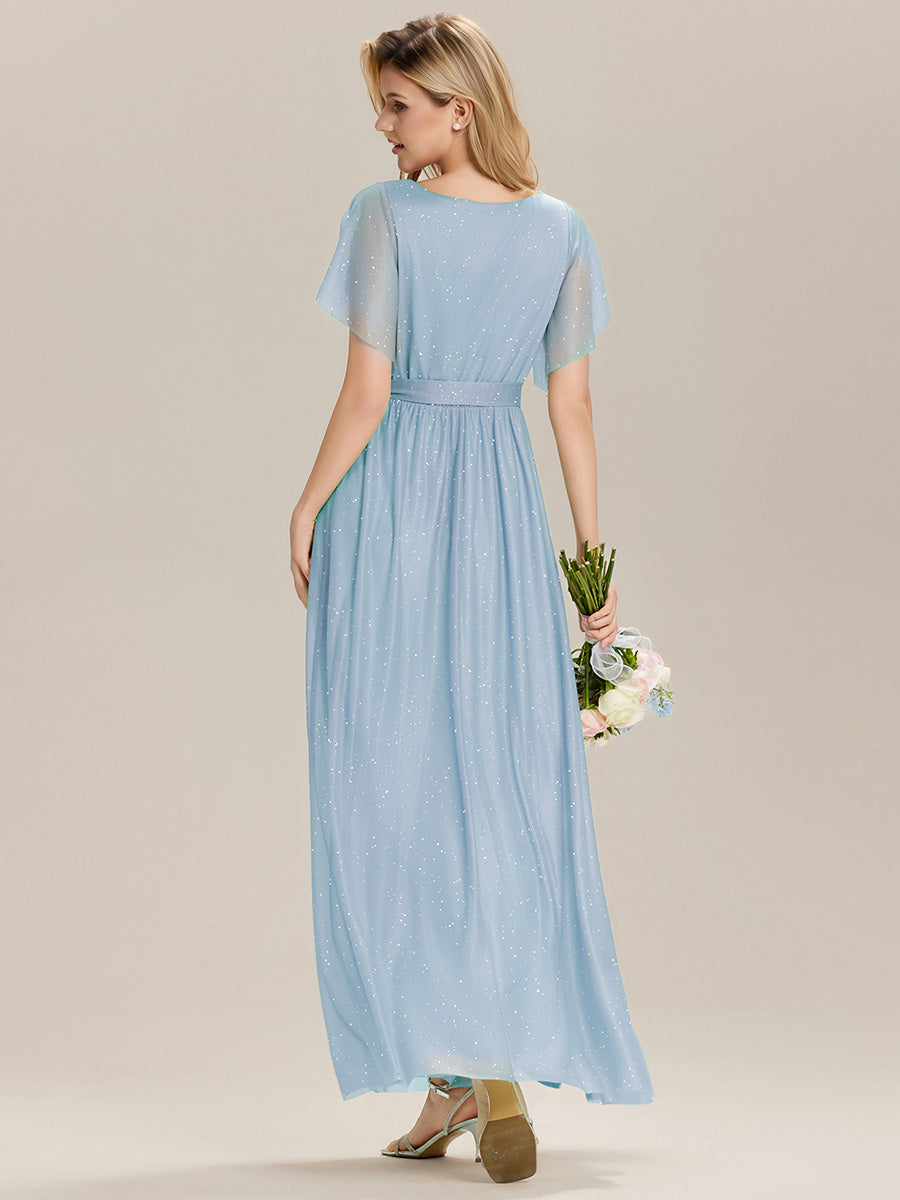 Robe longue à manches courtes décolleté en V volants #Couleur_Bleu Glace