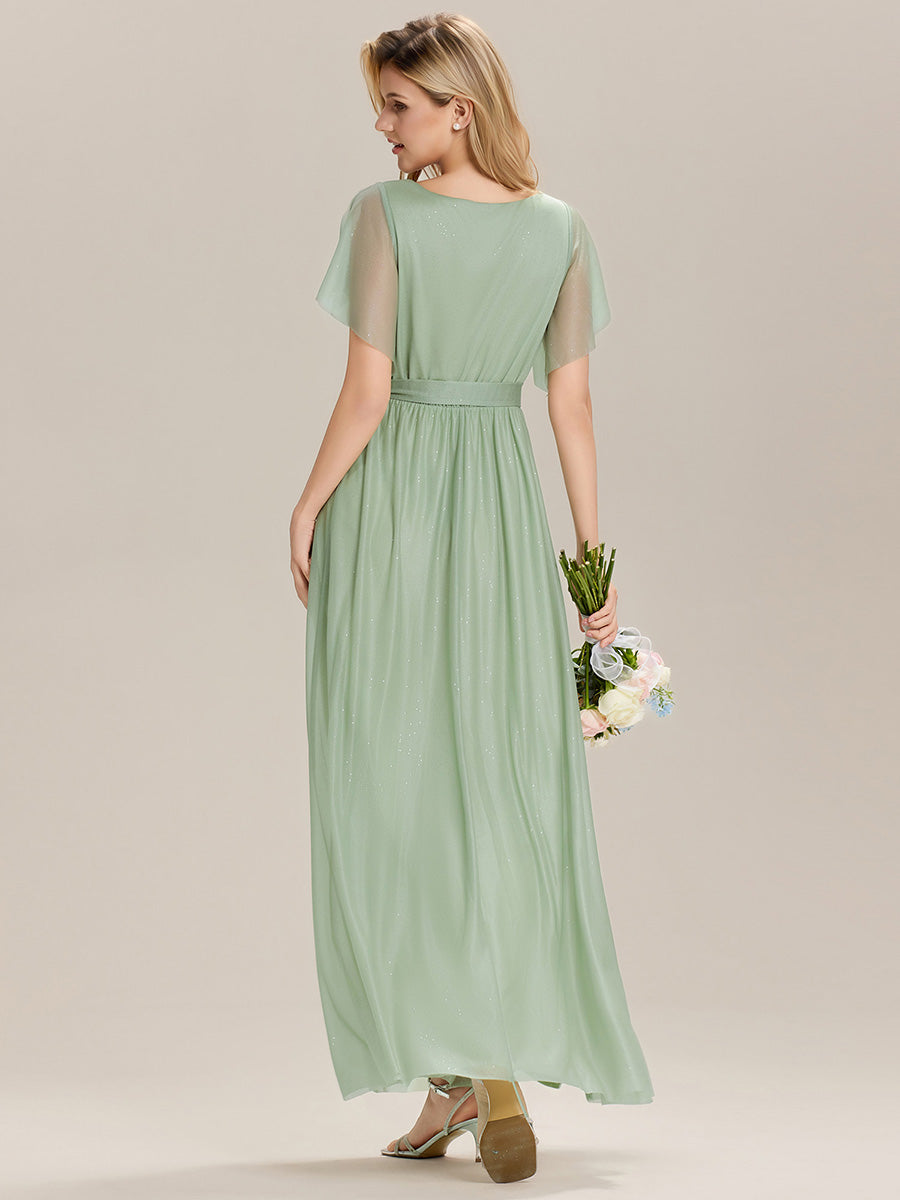 Robe longue à manches courtes décolleté en V volants #Couleur_Menthe Verte