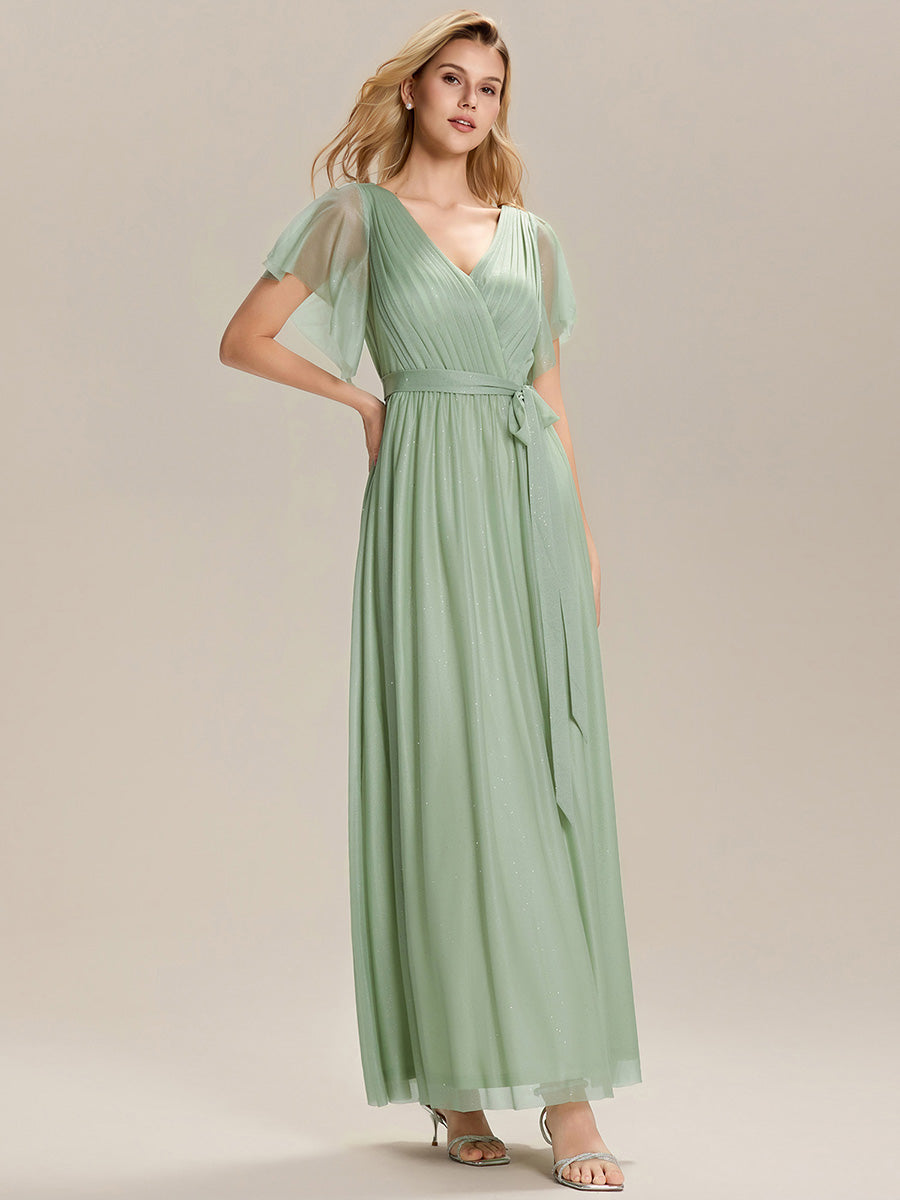 Robe longue à manches courtes décolleté en V volants #Couleur_Menthe Verte