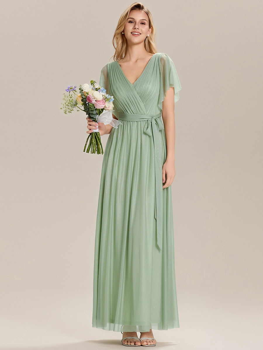 Robe longue à manches courtes décolleté en V volants #Couleur_Menthe Verte