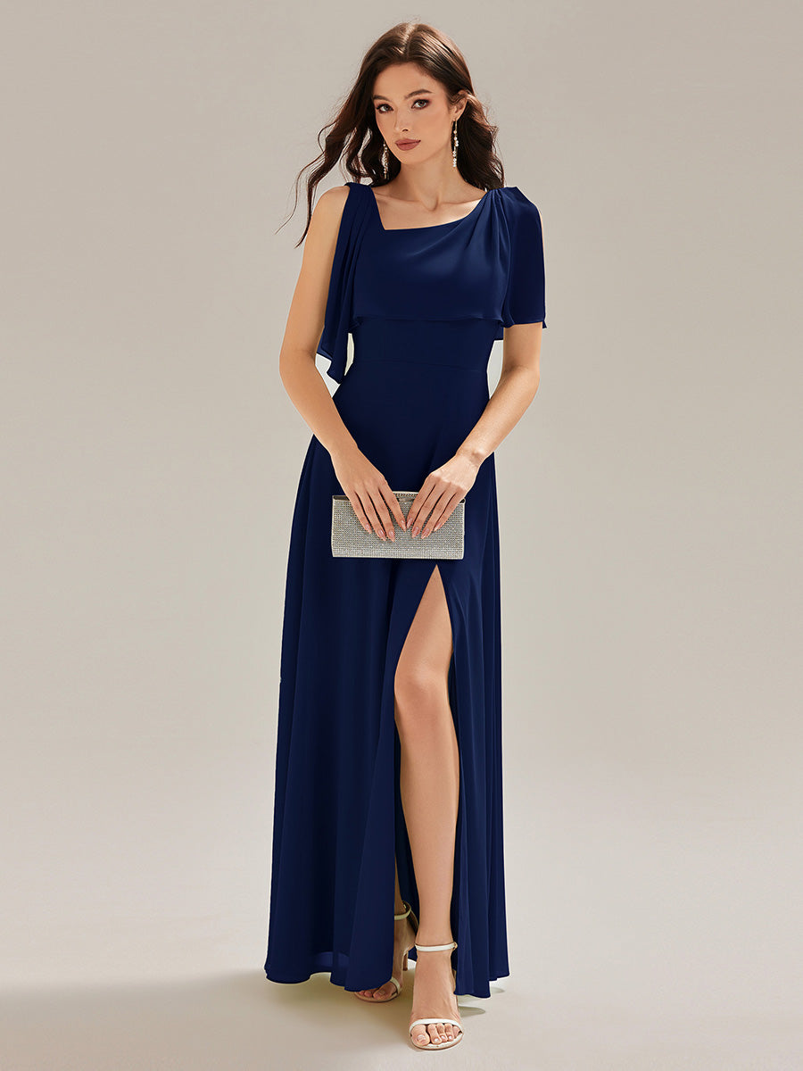 Robe longue sans manches à décolleté halter fente haute #Couleur_Bleu Marine