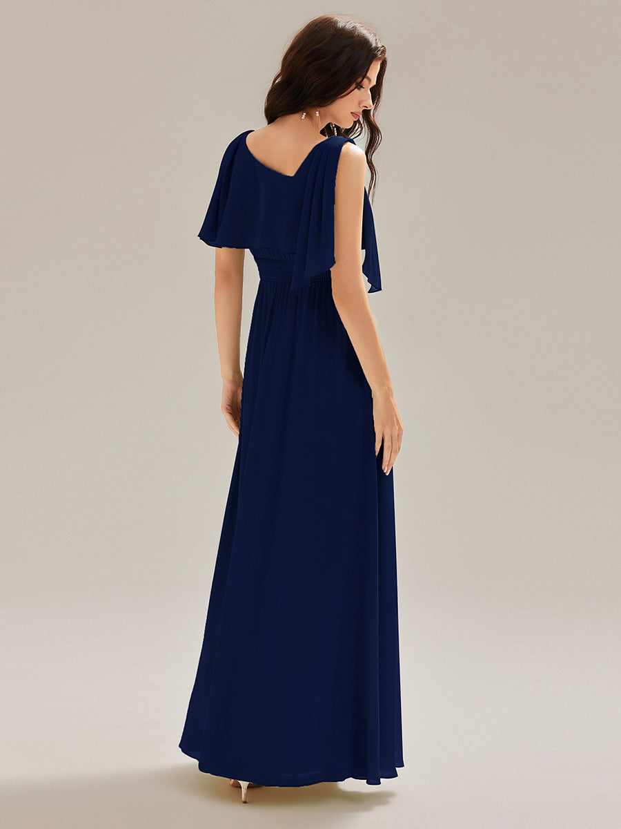 Robe longue sans manches à décolleté halter fente haute #Couleur_Bleu Marine