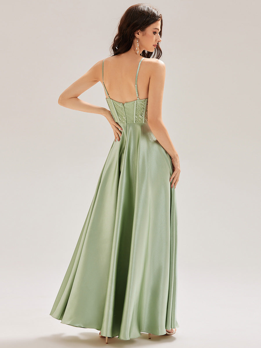 Robe longue sans manches en V avec patchwork #Couleur_Menthe Verte
