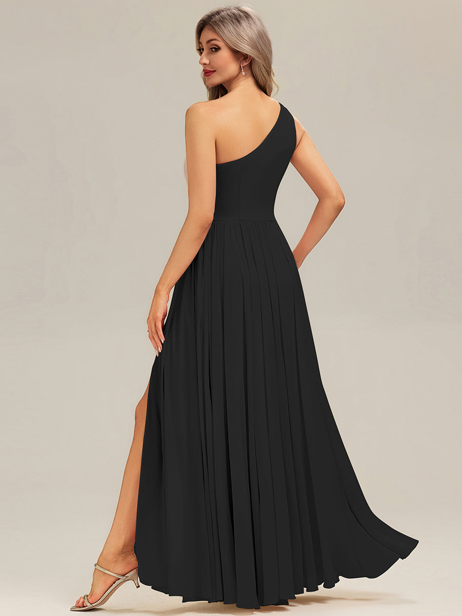 Robe longue asymétrique sans manches plissée en A avec fente haute sur la cuisse Robe de demoiselle d'honneur #Couleur_Noir
