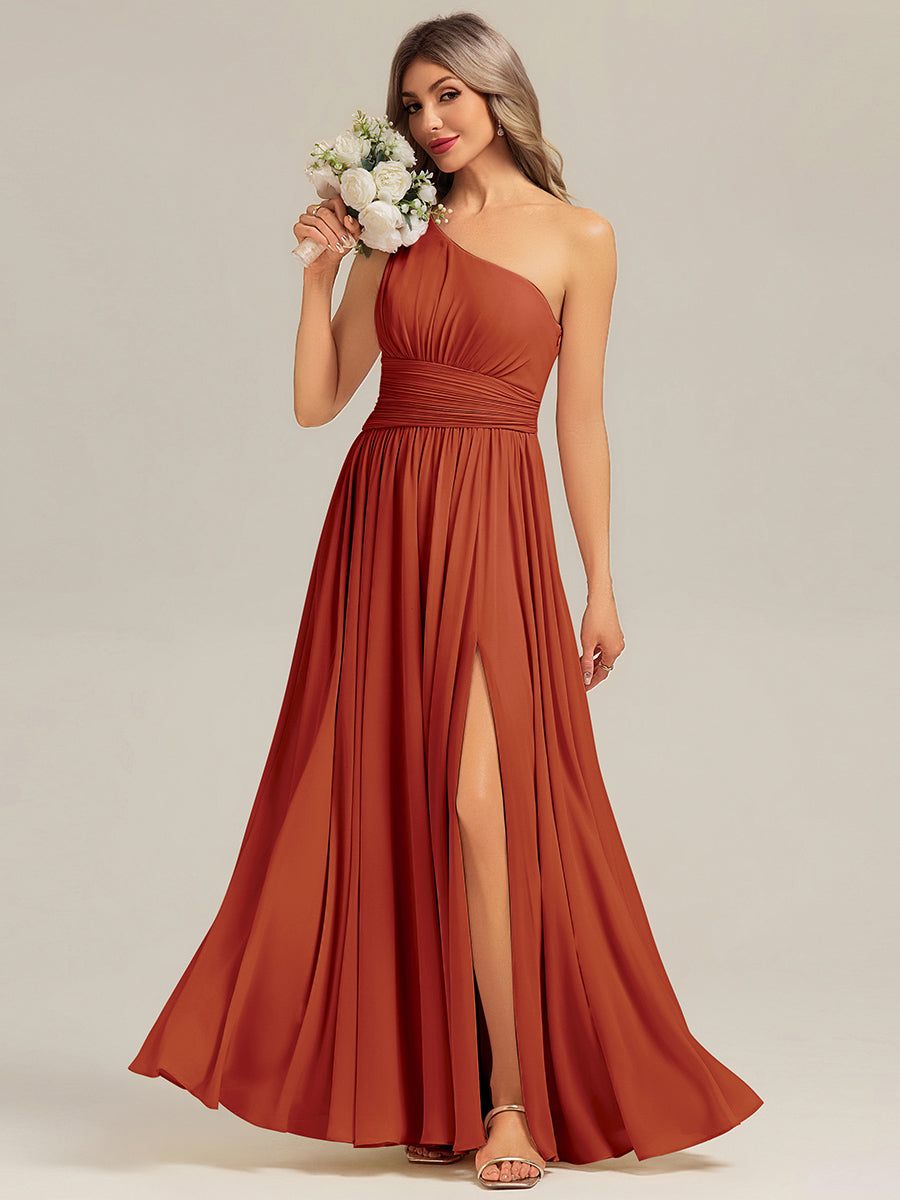 Robe longue asymétrique sans manches plissée en A avec fente haute sur la cuisse Robe de demoiselle d'honneur #Couleur_Burnt Orange