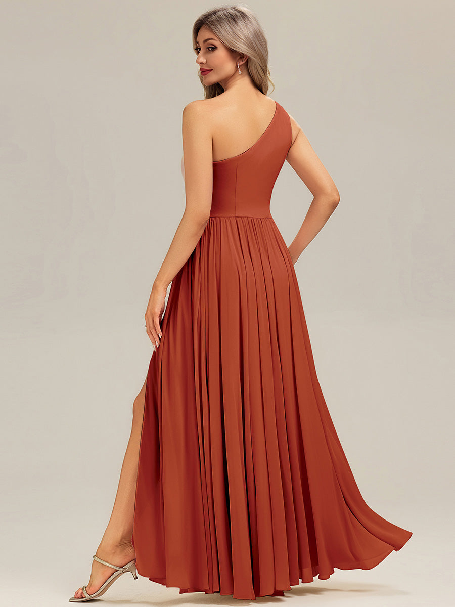 Robe longue asymétrique sans manches plissée en A avec fente haute sur la cuisse Robe de demoiselle d'honneur #Couleur_Burnt Orange