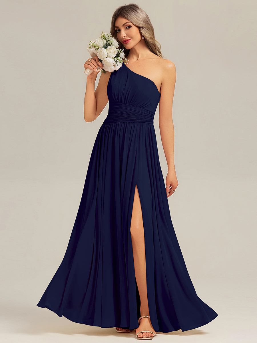Robe longue asymétrique sans manches plissée en A avec fente haute sur la cuisse Robe de demoiselle d'honneur#Couleur_Bleu Marine