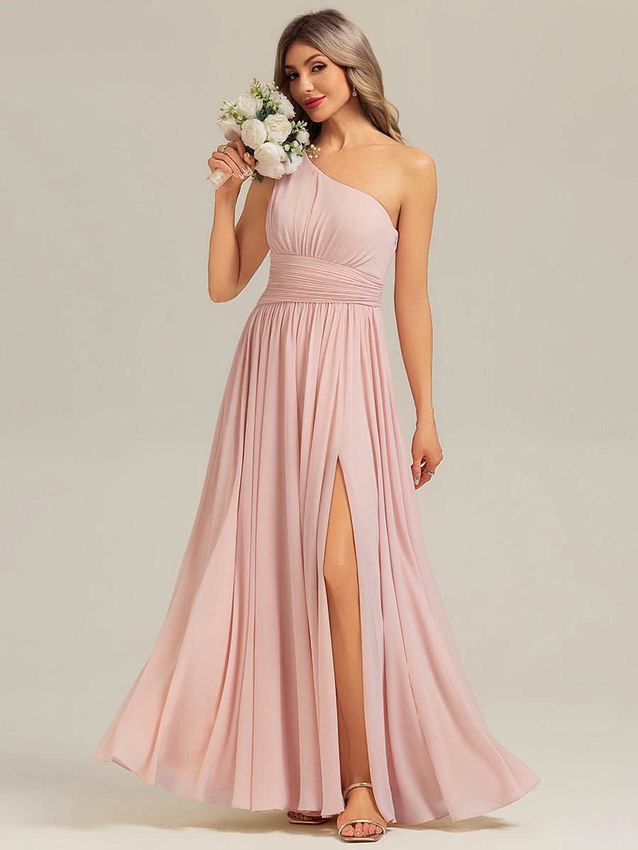Robe longue asymétrique sans manches plissée en A avec fente haute sur la cuisse Robe de demoiselle d'honneur #Couleur_Rose