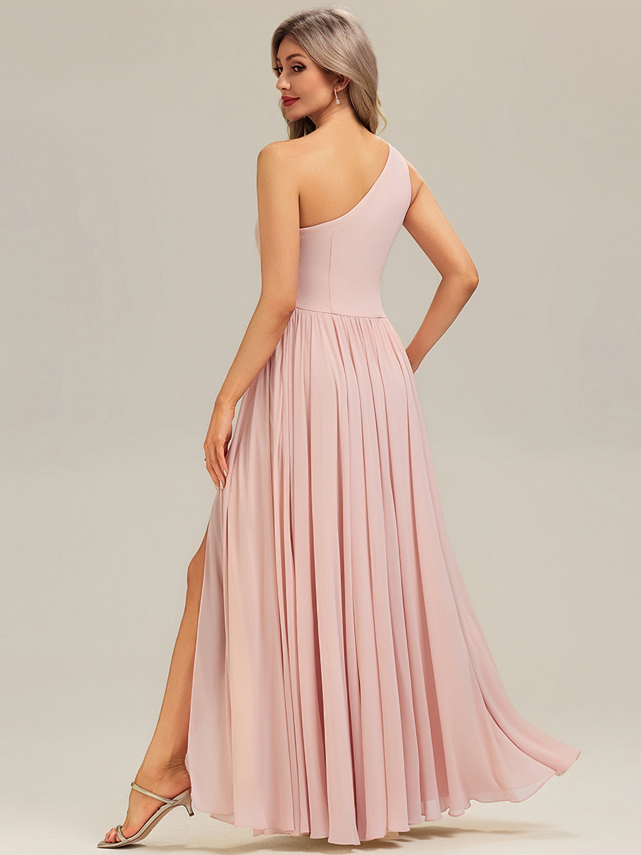 Robe longue asymétrique sans manches plissée en A avec fente haute sur la cuisse Robe de demoiselle d'honneur #Couleur_Rose