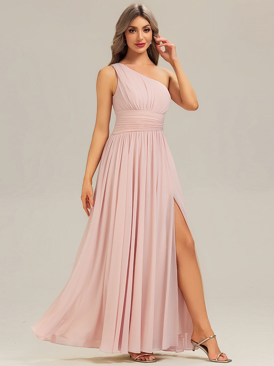 Robe longue asymétrique sans manches plissée en A avec fente haute sur la cuisse Robe de demoiselle d'honneur #Couleur_Rose