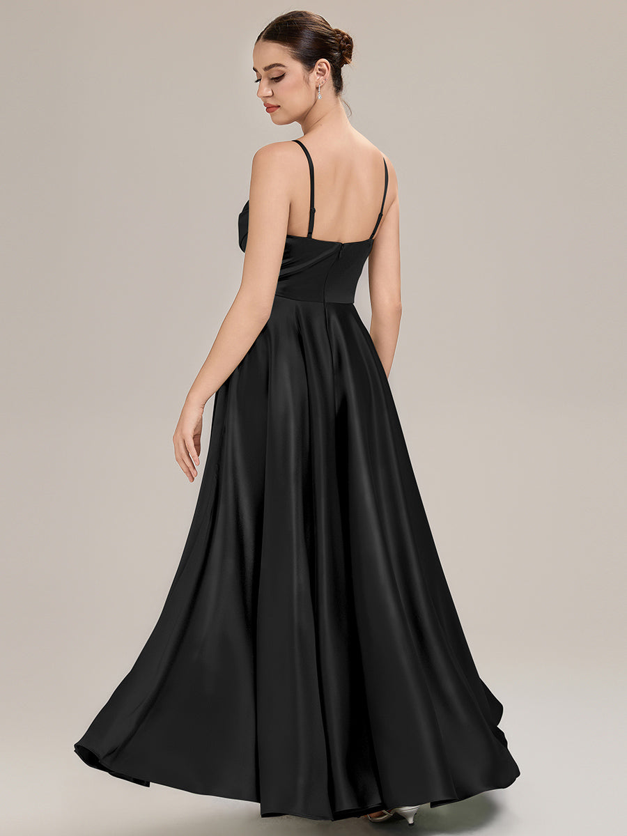 Robe sans manches en A longueur de sol avec décolleté en V profond et embellissements en strass Robe de demoiselle d'honneur #Couleur_Noir