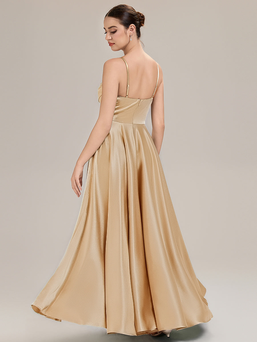 Robe sans manches en A longueur de sol avec décolleté en V profond et embellissements en strass Robe de demoiselle d'honneur #Couleur_Charbon
