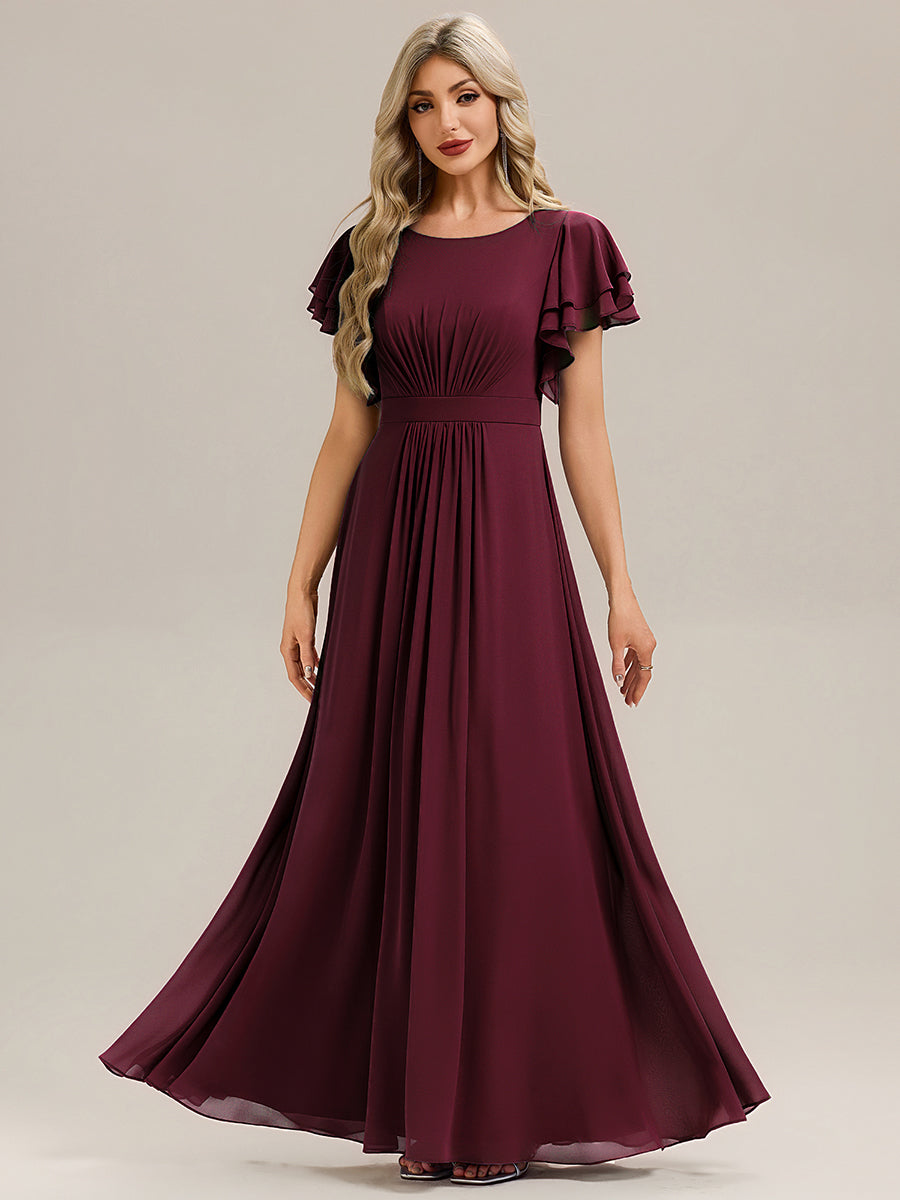 Robe longue à manches courtes avec volants en A et col rond fermeture éclair au dos Robe de demoiselle d'honneur #Couleur_Bordeaux
