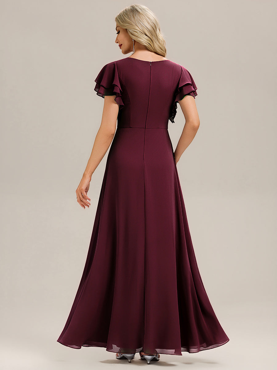 Robe longue à manches courtes avec volants en A et col rond fermeture éclair au dos Robe de demoiselle d'honneur #Couleur_Bordeaux