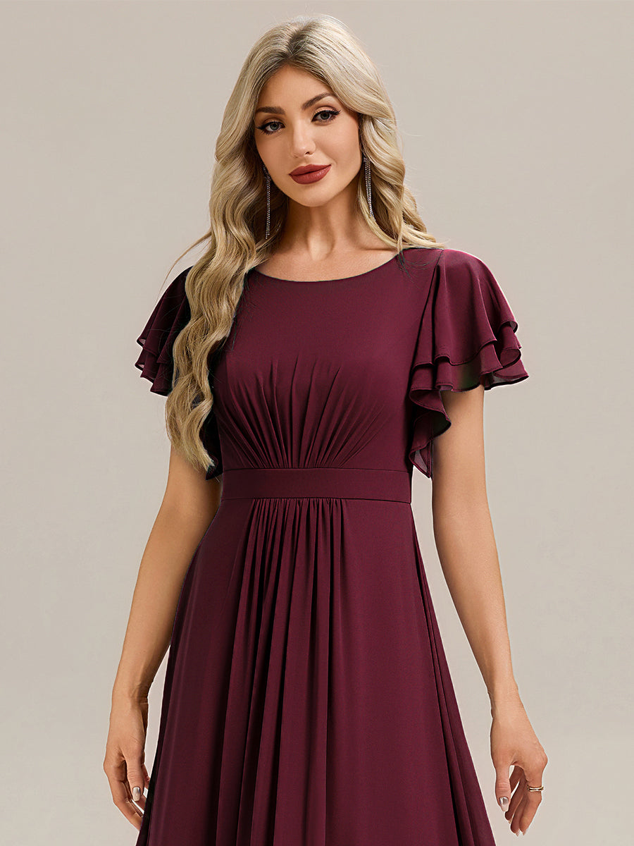 Robe longue à manches courtes avec volants en A et col rond fermeture éclair au dos Robe de demoiselle d'honneur #Couleur_Bordeaux
