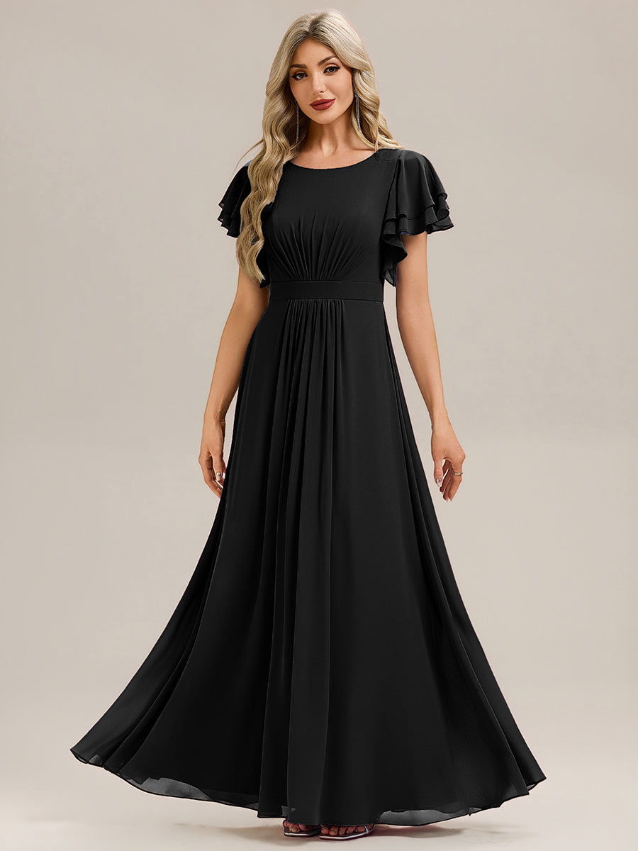 Robe longue à manches courtes avec volants en A et col rond fermeture éclair au dos Robe de demoiselle d'honneur #Couleur_Noir