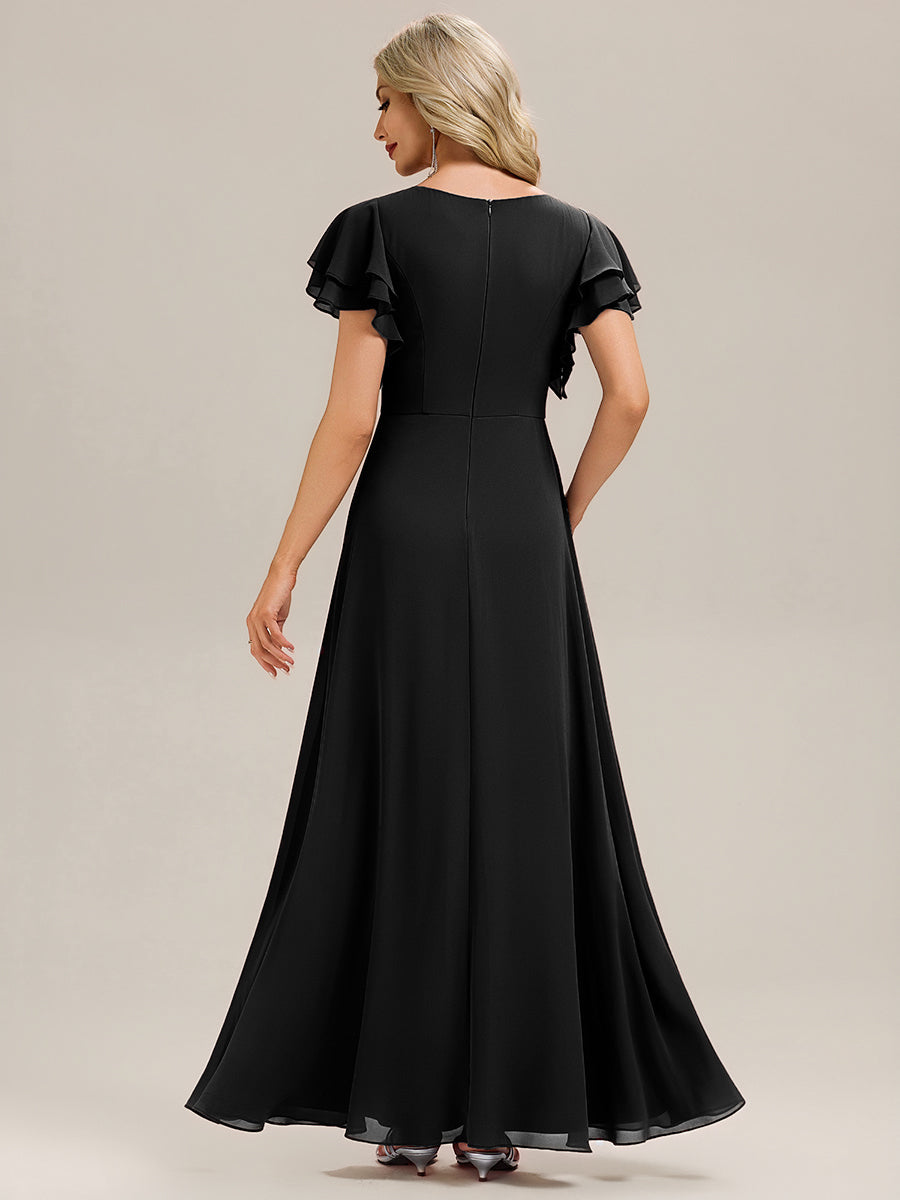 Robe longue à manches courtes avec volants en A et col rond fermeture éclair au dos Robe de demoiselle d'honneur #Couleur_Noir