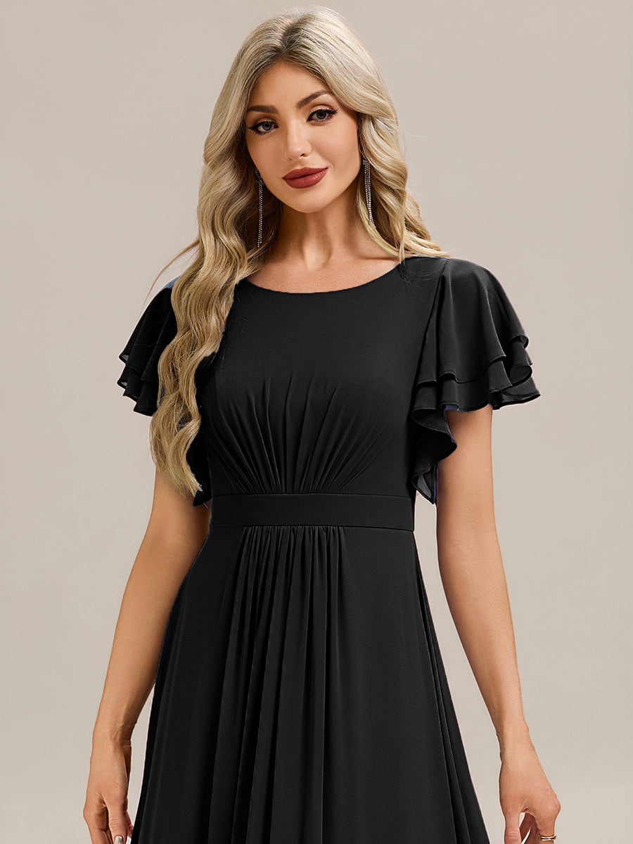Robe longue à manches courtes avec volants en A et col rond fermeture éclair au dos Robe de demoiselle d'honneur #Couleur_Noir