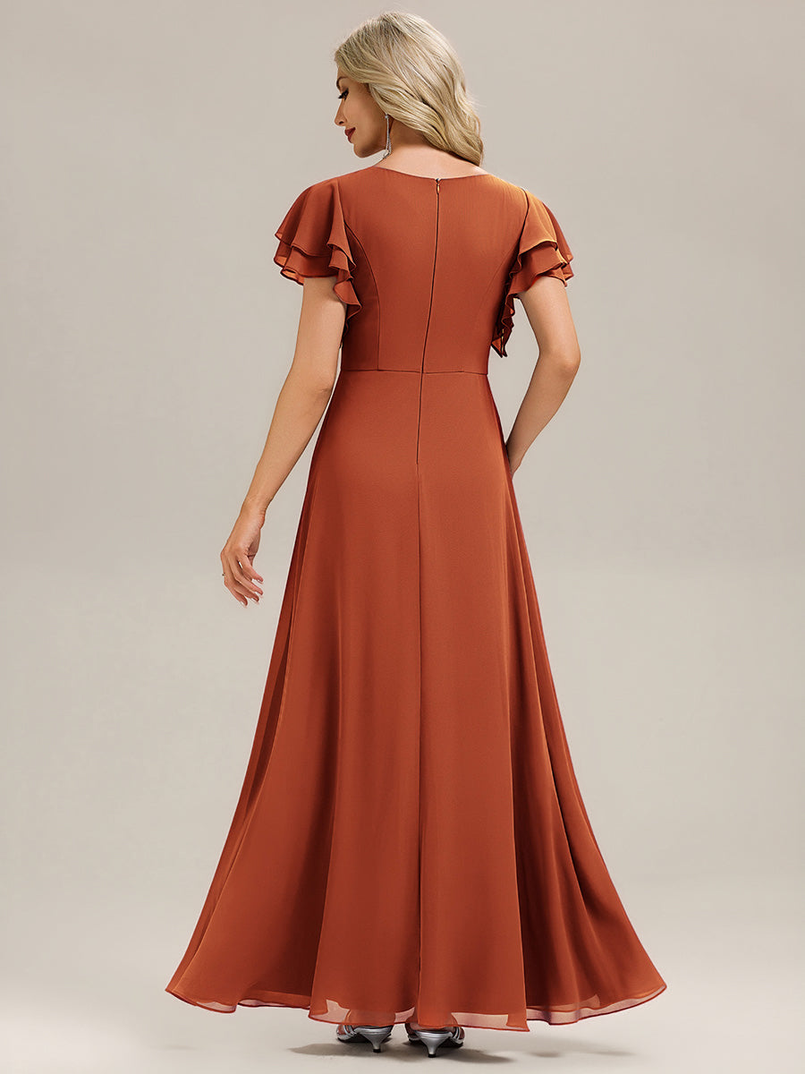 Robe longue à manches courtes avec volants en A et col rond fermeture éclair au dos Robe de demoiselle d'honneur #Couleur_Burnt Orange