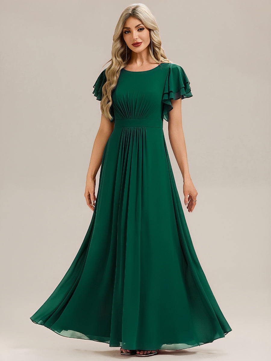 Robe longue à manches courtes avec volants en A et col rond fermeture éclair au dos Robe de demoiselle d'honneur #Couleur_Vert Fonce