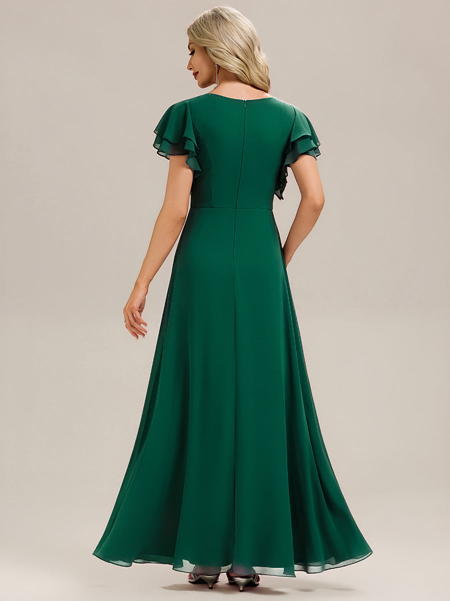 Robe longue à manches courtes avec volants en A et col rond fermeture éclair au dos Robe de demoiselle d'honneur #Couleur_Vert Fonce