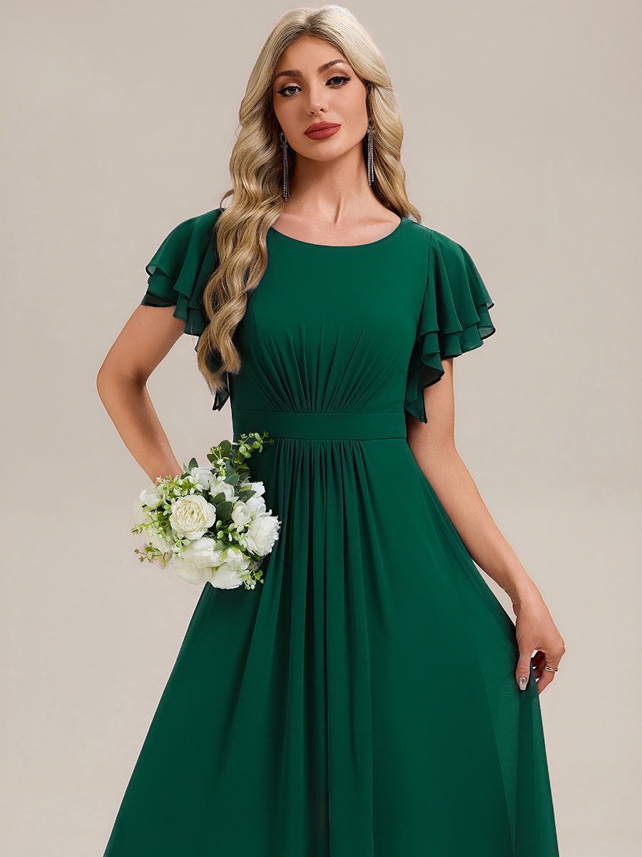 Robe longue à manches courtes avec volants en A et col rond fermeture éclair au dos Robe de demoiselle d'honneur #Couleur_Vert Fonce
