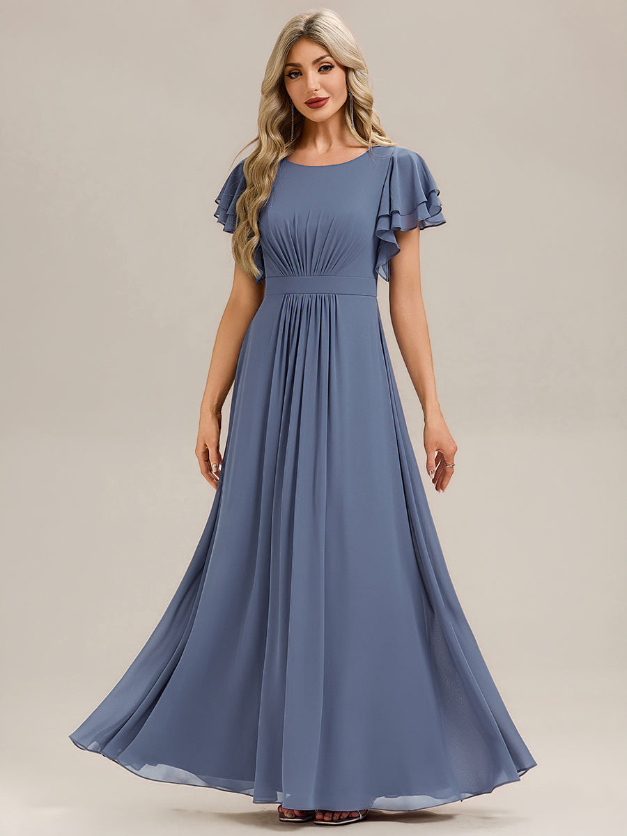 Robe longue à manches courtes avec volants en A et col rond fermeture éclair au dos Robe de demoiselle d'honneur #Couleur_Marine Fume