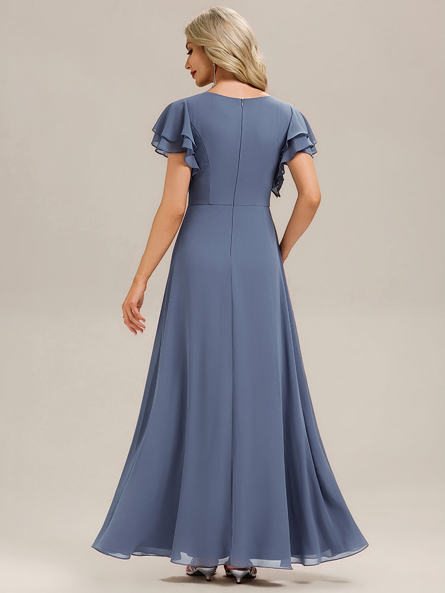 Robe longue à manches courtes avec volants en A et col rond fermeture éclair au dos Robe de demoiselle d'honneur #Couleur_Marine Fume