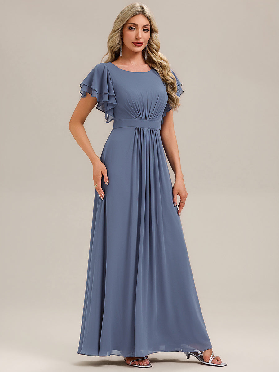 Robe longue à manches courtes avec volants en A et col rond fermeture éclair au dos Robe de demoiselle d'honneur #Couleur_Marine Fume