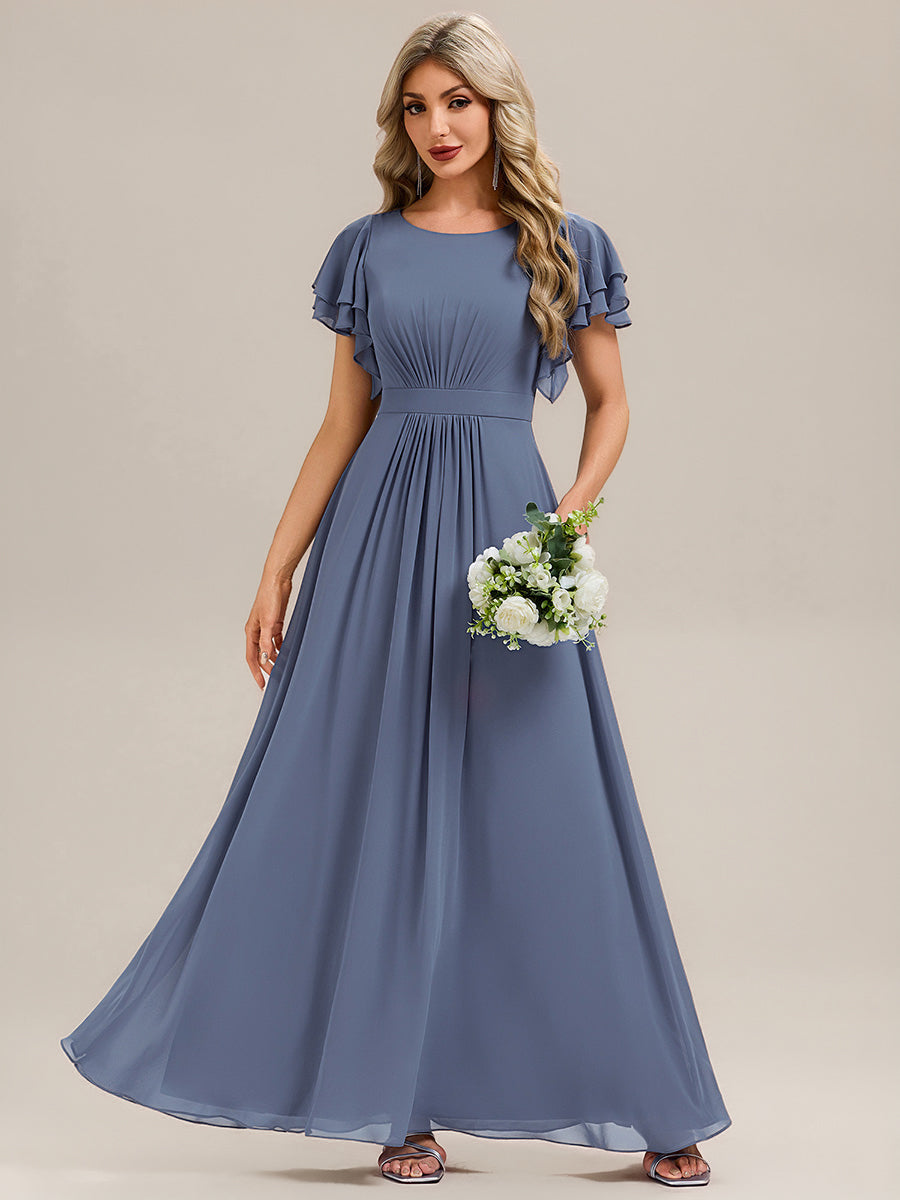 Robe longue à manches courtes avec volants en A et col rond fermeture éclair au dos Robe de demoiselle d'honneur #Couleur_Marine Fume