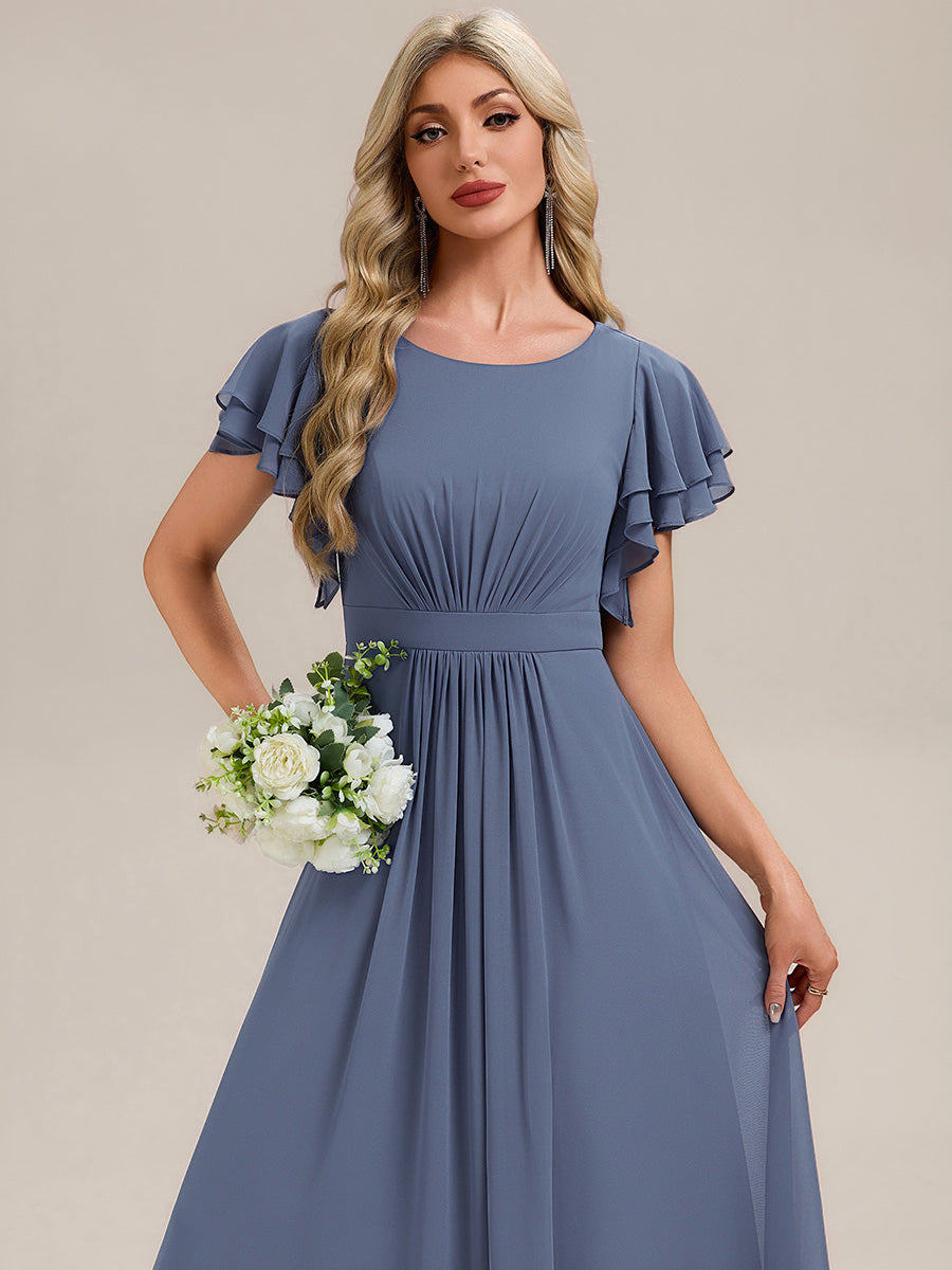 Robe longue à manches courtes avec volants en A et col rond fermeture éclair au dos Robe de demoiselle d'honneur #Couleur_Marine Fume