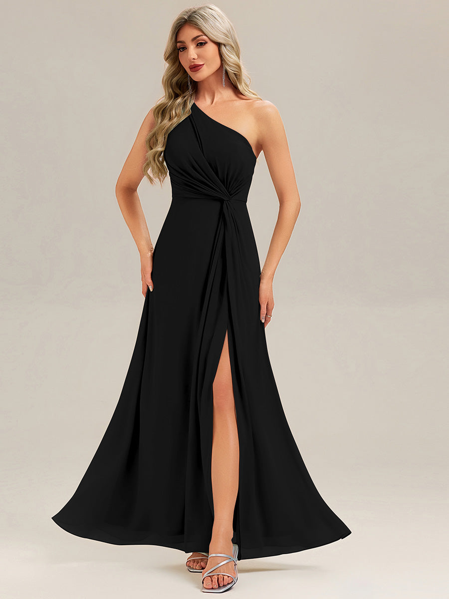 Robe de demoiselle d'honneur à épaule unique avec taille froncée et longueur au sol au décolleté asymétrique #Couleur_Noir