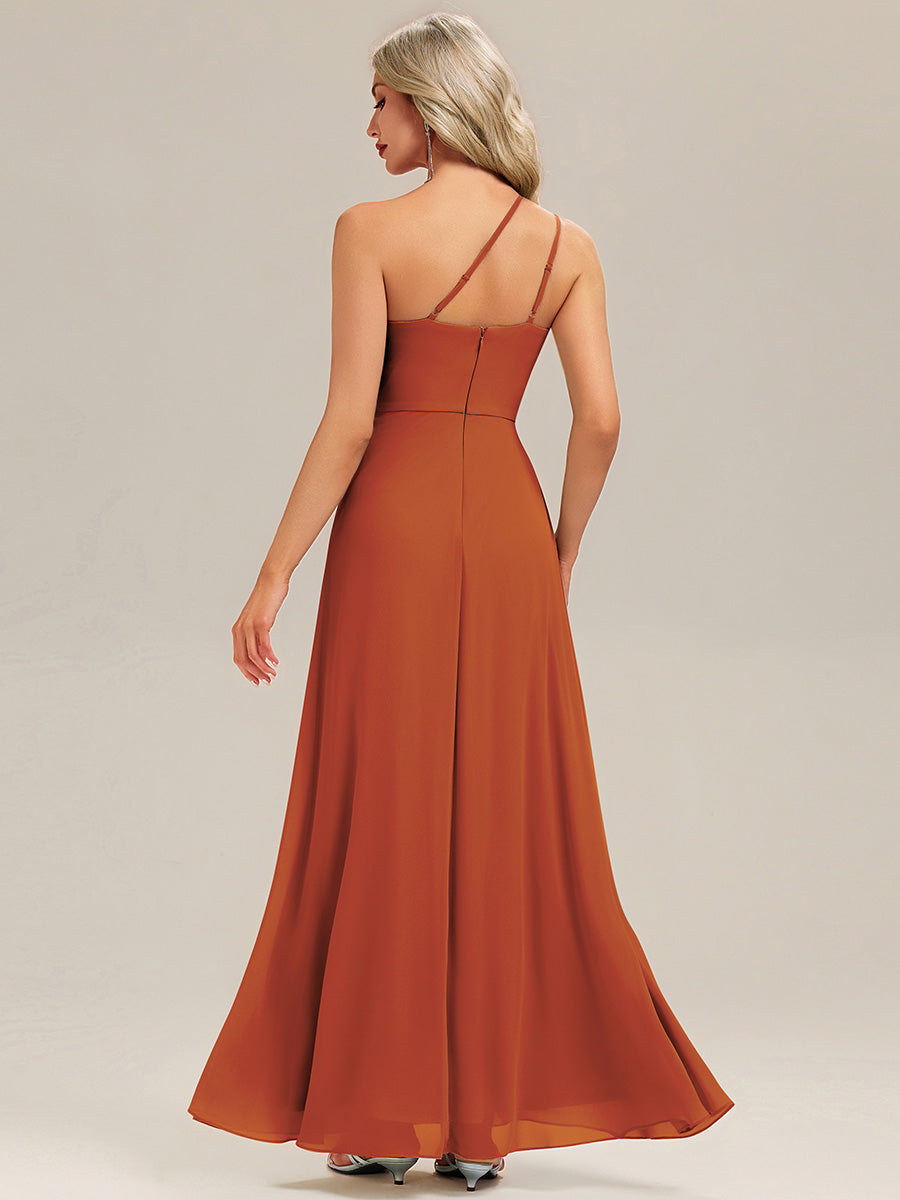 Robe de demoiselle d'honneur à épaule unique avec taille froncée et longueur au sol au décolleté asymétrique #Couleur_Burnt Orange