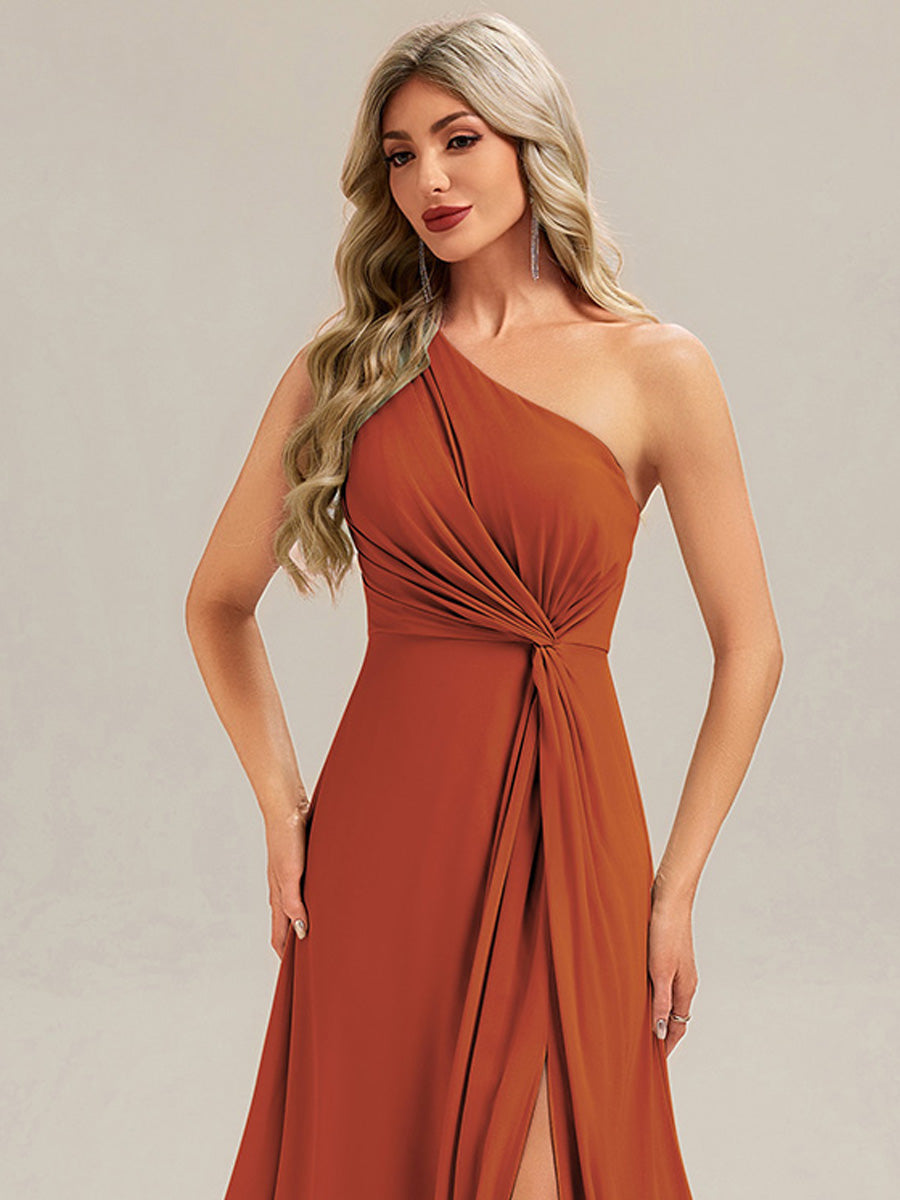 Robe de demoiselle d'honneur à épaule unique avec taille froncée et longueur au sol au décolleté asymétrique #Couleur_Burnt Orange