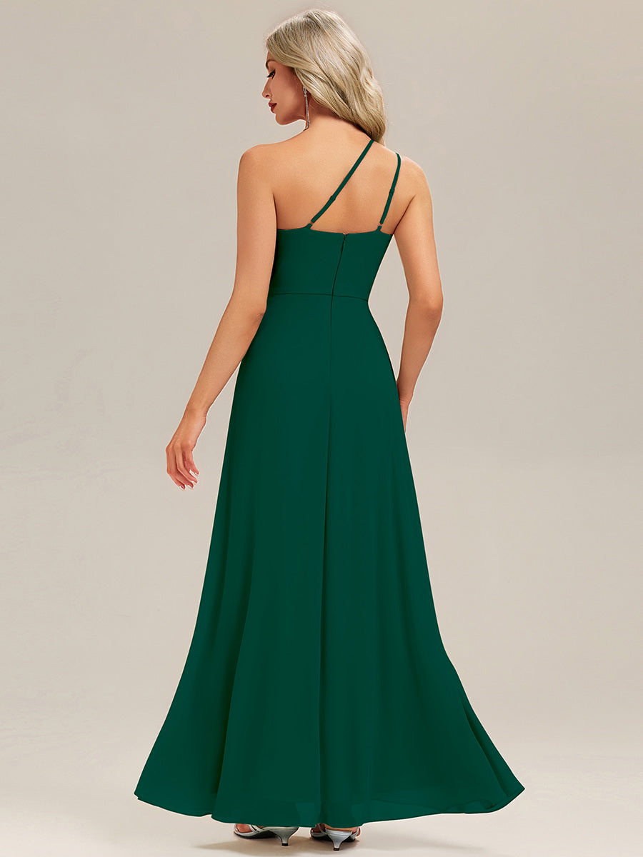 Robe de demoiselle d'honneur à épaule unique avec taille froncée et longueur au sol au décolleté asymétrique #Couleur_Vert Fonce